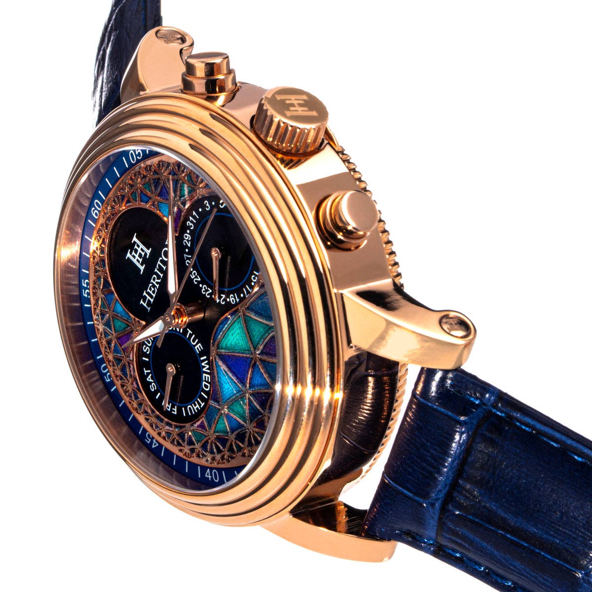 Heritor Automatic Legacy Uhr mit Lederarmband, Tages- und Datumsanzeige: Silber/Blau - UBSBOT.eu - Fine things for you