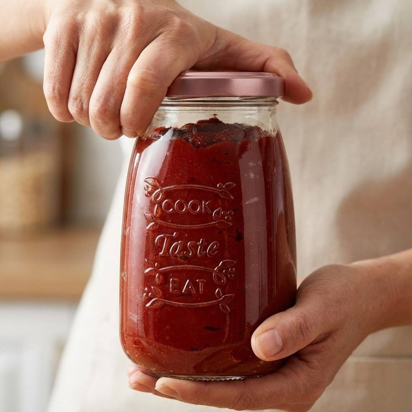 NEU 6 Stück Design Vorratsgläser "Cook Taste Eat" (6er Set, 1050ml) – Eckige Einmachgläser mit Rosé-Deckel - UBSBOT.eu - Fine things for you