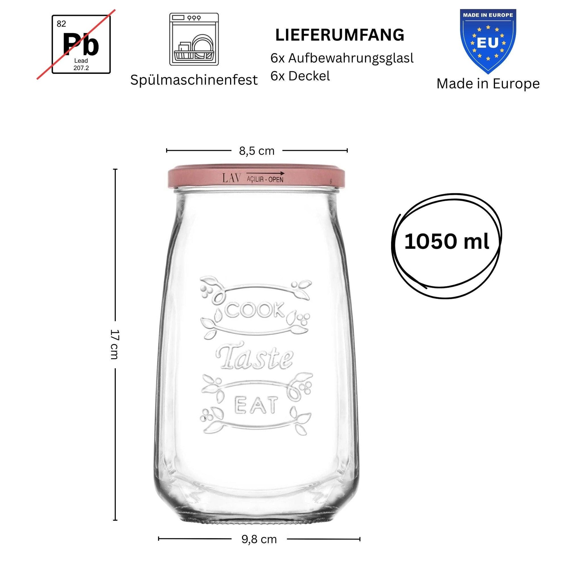 NEU 6 Stück Design Vorratsgläser "Cook Taste Eat" (6er Set, 1050ml) – Eckige Einmachgläser mit Rosé-Deckel - UBSBOT.eu - Fine things for you