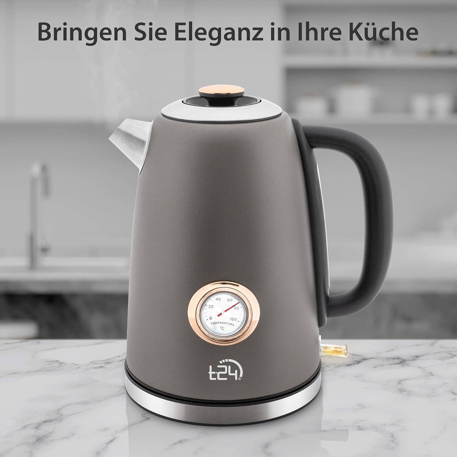 Aktuelles Angebot Edelstahl Retro Wasserkocher Vintage Design in Grau Matt mit Analogen Thermometer, 1,7 Liter - UBSBOT.eu - Fine things for you
