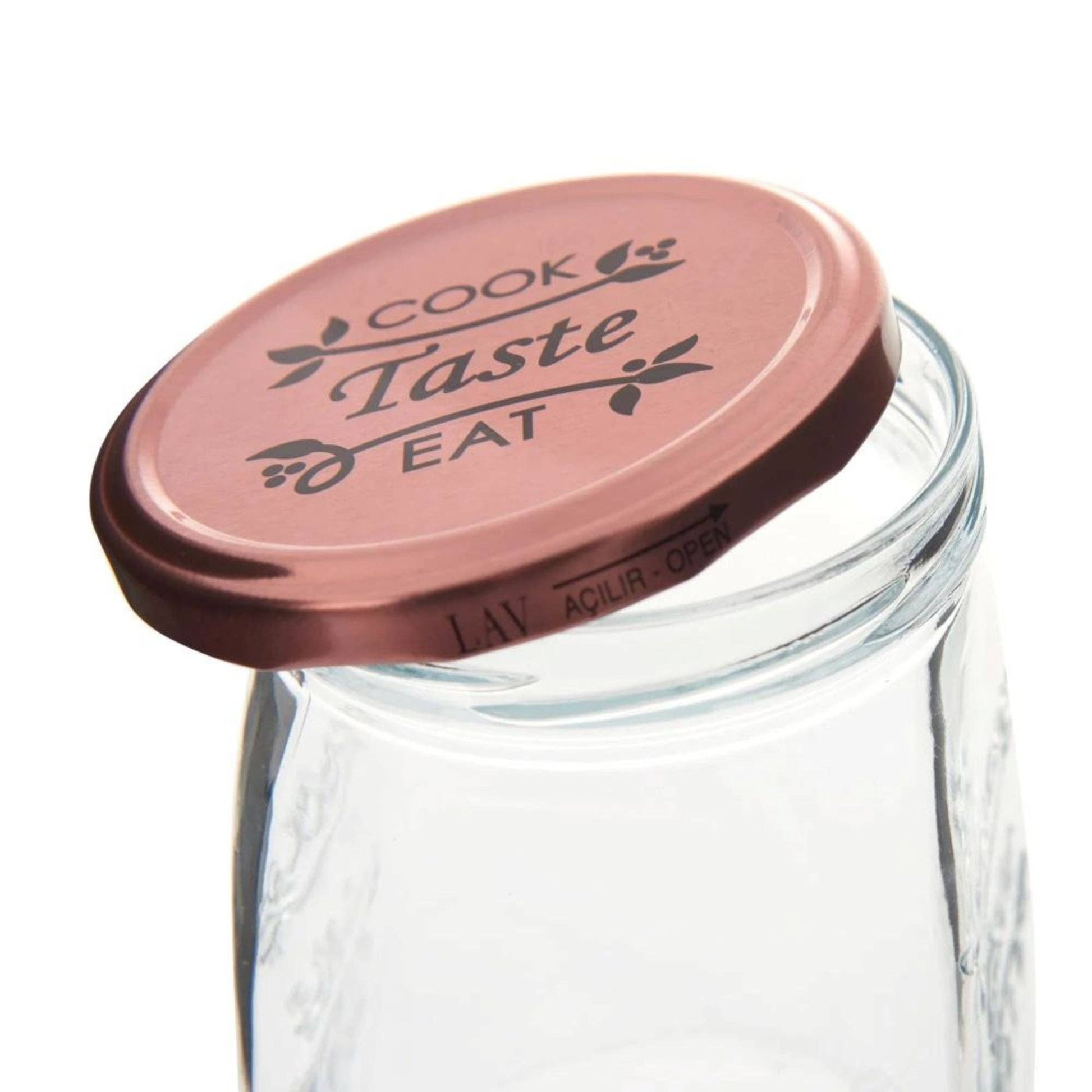 NEU 6 Stück Design Vorratsgläser "Cook Taste Eat" (6er Set, 1050ml) – Eckige Einmachgläser mit Rosé-Deckel - UBSBOT.eu - Fine things for you