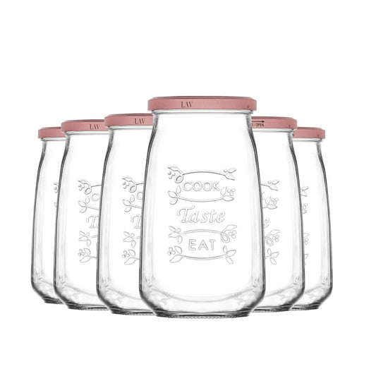 NEU 6 Stück Design Vorratsgläser "Cook Taste Eat" (6er Set, 1050ml) – Eckige Einmachgläser mit Rosé-Deckel - UBSBOT.eu - Fine things for you