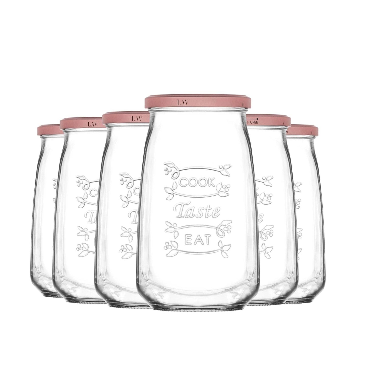 NEU 1 Stück Design Vorratsgläser "Cook Taste Eat" 1050 ml – Eckige Einmachgläser mit Rosé-Deckel - UBSBOT.eu - Fine things for you