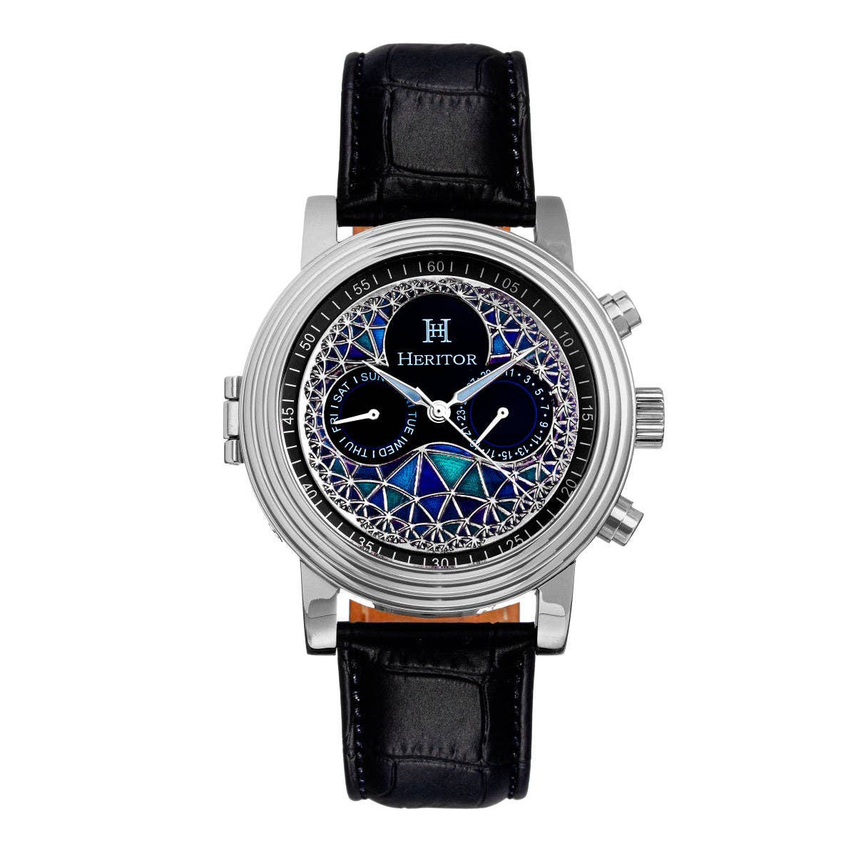 Heritor Automatic Legacy Uhr mit Lederarmband, Tages- und Datumsanzeige: Silber/Blau - UBSBOT.eu - Fine things for you