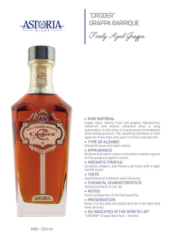 Croder Astoria Barrique Grappa 70 cl - UBSBOT.eu - Fine things for you