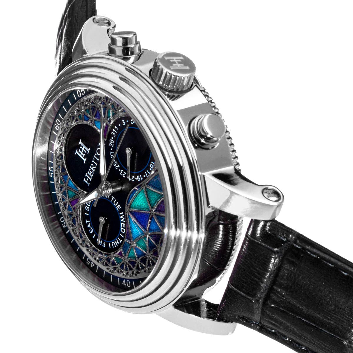 Heritor Automatic Legacy Uhr mit Lederarmband, Tages- und Datumsanzeige: Silber/Blau - UBSBOT.eu - Fine things for you