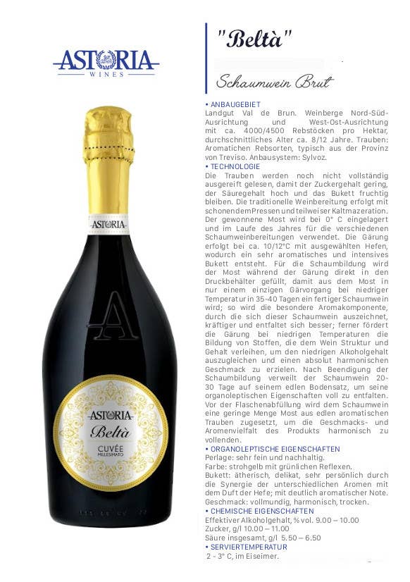 Astoria Sparkling Wine Brut Millesimato „Beltà“ 0,75 Liter - UBSBOT.eu - Fine things for you