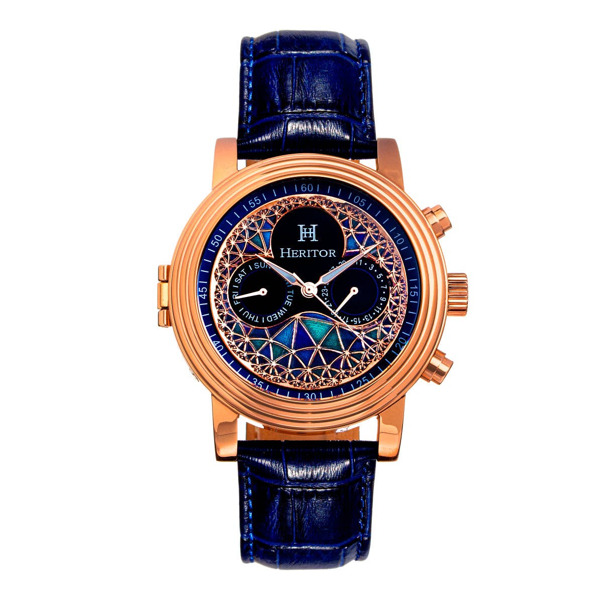 Heritor Automatic Legacy Uhr mit Lederarmband, Tages- und Datumsanzeige: Silber/Blau - UBSBOT.eu - Fine things for you