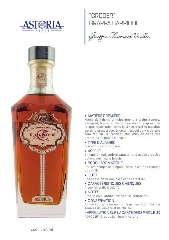 Croder Astoria Barrique Grappa 70 cl - UBSBOT.eu - Fine things for you