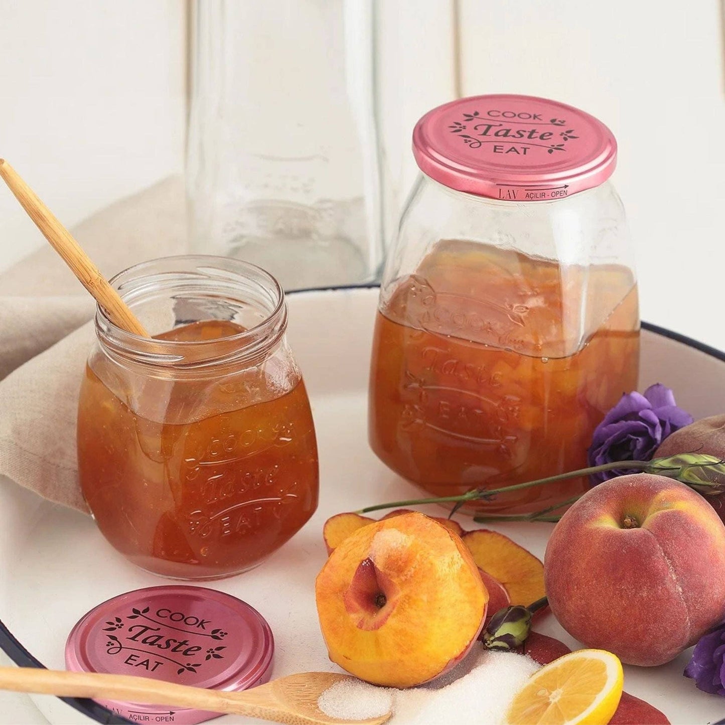 NEU 6 Stück Design Vorratsgläser "Cook Taste Eat" (6er Set, 1050ml) – Eckige Einmachgläser mit Rosé-Deckel - UBSBOT.eu - Fine things for you