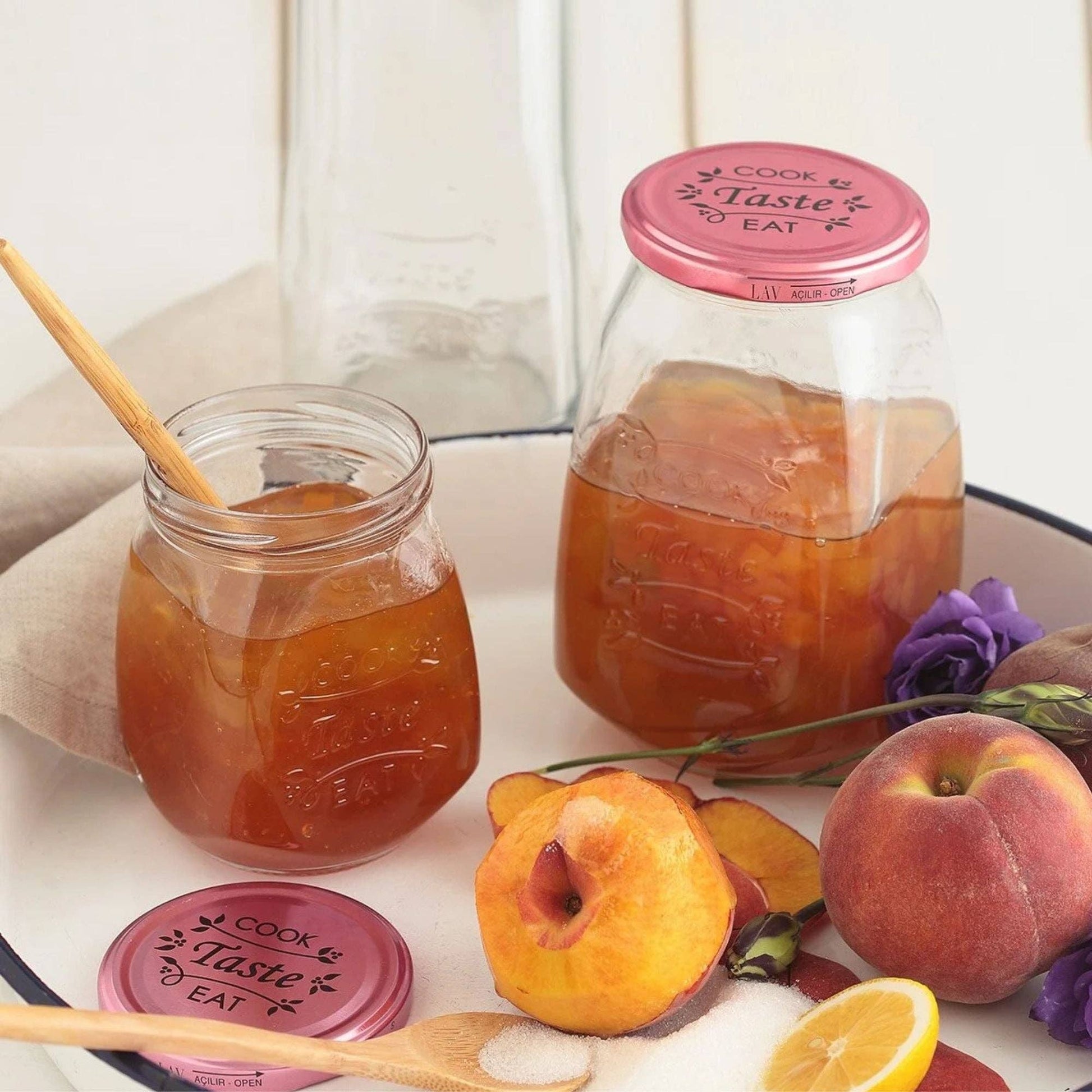 NEU 6 Stück Design Vorratsgläser "Cook Taste Eat" (6er Set, 1050ml) – Eckige Einmachgläser mit Rosé-Deckel - UBSBOT.eu - Fine things for you