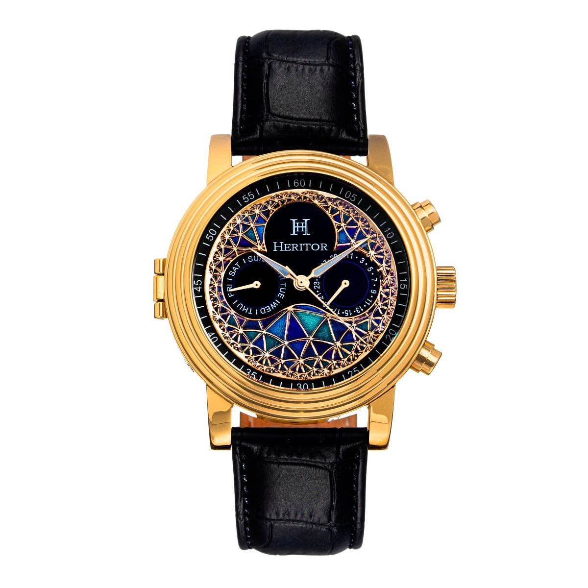 Heritor Automatic Legacy Uhr mit Lederarmband, Tages- und Datumsanzeige: Silber/Blau - UBSBOT.eu - Fine things for you