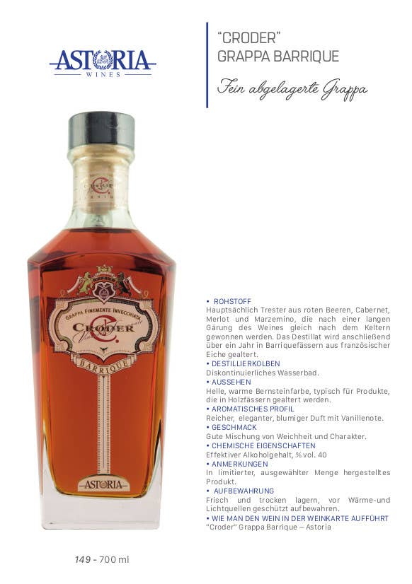 Croder Astoria Barrique Grappa 70 cl - UBSBOT.eu - Fine things for you