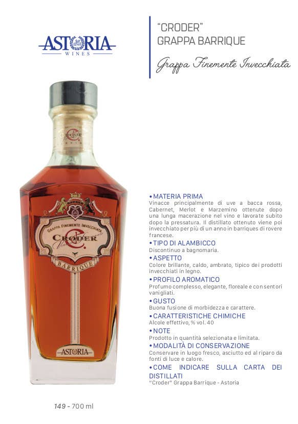 Croder Astoria Barrique Grappa 70 cl - UBSBOT.eu - Fine things for you